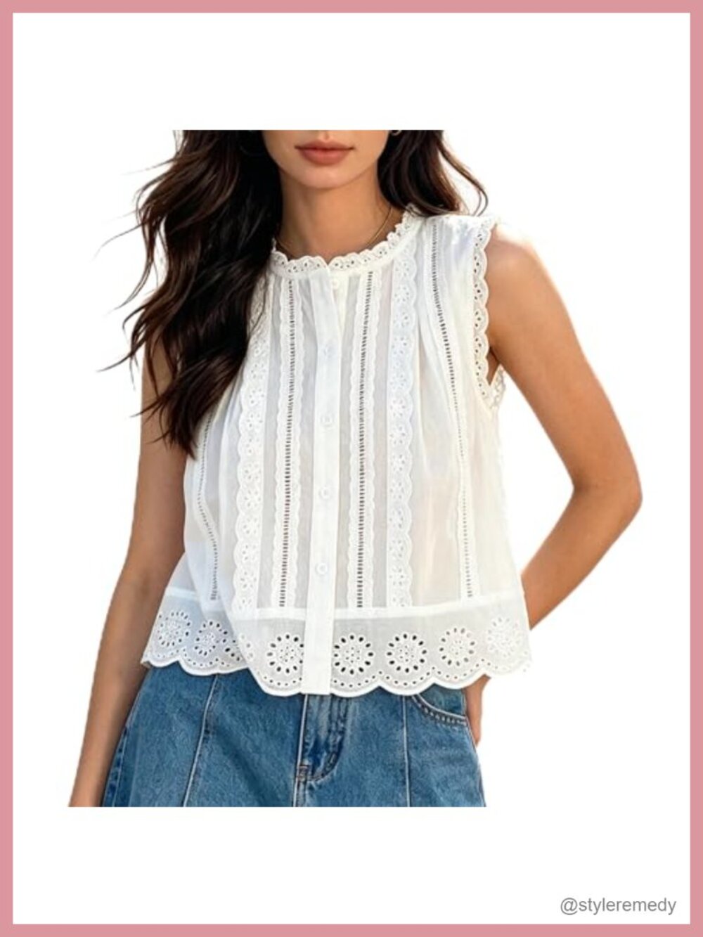 Boho Lace Eyelet Button Down Tank Top Ruffle Crop Cottagecore
